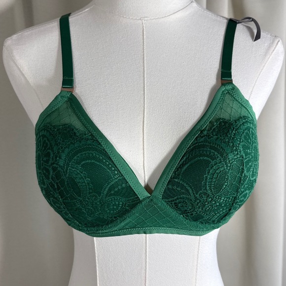 aerie Other - Aerie Emerald Green Lace Wireless Bra Unlined Bralette 34D Plunge Mesh Intimates